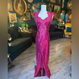 Vintage 80s Alyce Designs Pink Sequin Prom Dress ✨ Barbiecore Glam